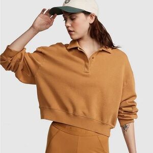 Victorias Secret Pink XXL Brown Sweatshirt Ivy Fleece Polo Cropped Quarter Snap